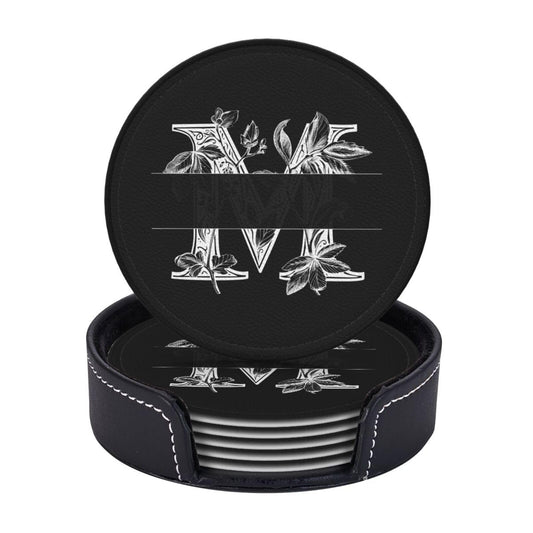 Custom Personalized Name Text Print Leather Coasters Coaster Set of 6 with Holder Round Cups Pad Mat for Home and Kitchen Desktop Decor