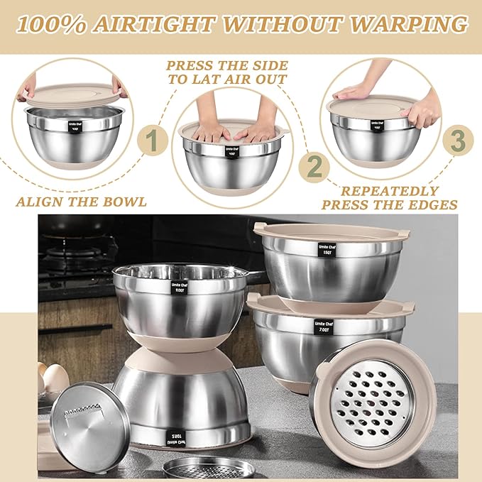 26PCS Stainless Steel Mixing Bowls Set with Airtight Lids & Grater Attachments – Non-Slip Khaki Nesting Bowls with Kitchen Gadgets, 1QT–7QT