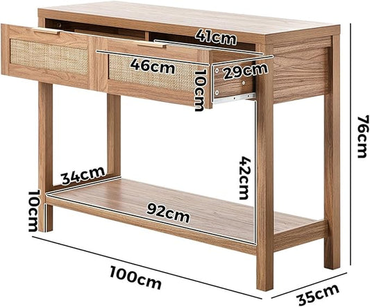 Oikiture Console Table Ratten Hallway Table Entryway Table with Drawers, Wooden
