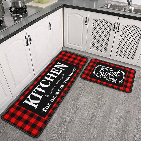 Haretu Framhouse Kitchen Rugs and Mats Set of 2 Black and Red Buffalo Plaid Non-Slip Floor Mat for Home Kitchen Christmas Decor - 17x29 and 17x47 Inch