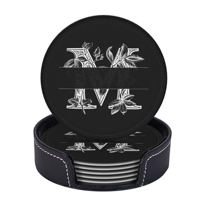 Custom Personalized Name Text Print Leather Coasters Coaster Set of 6 with Holder Round Cups Pad Mat for Home and Kitchen Desktop Decor