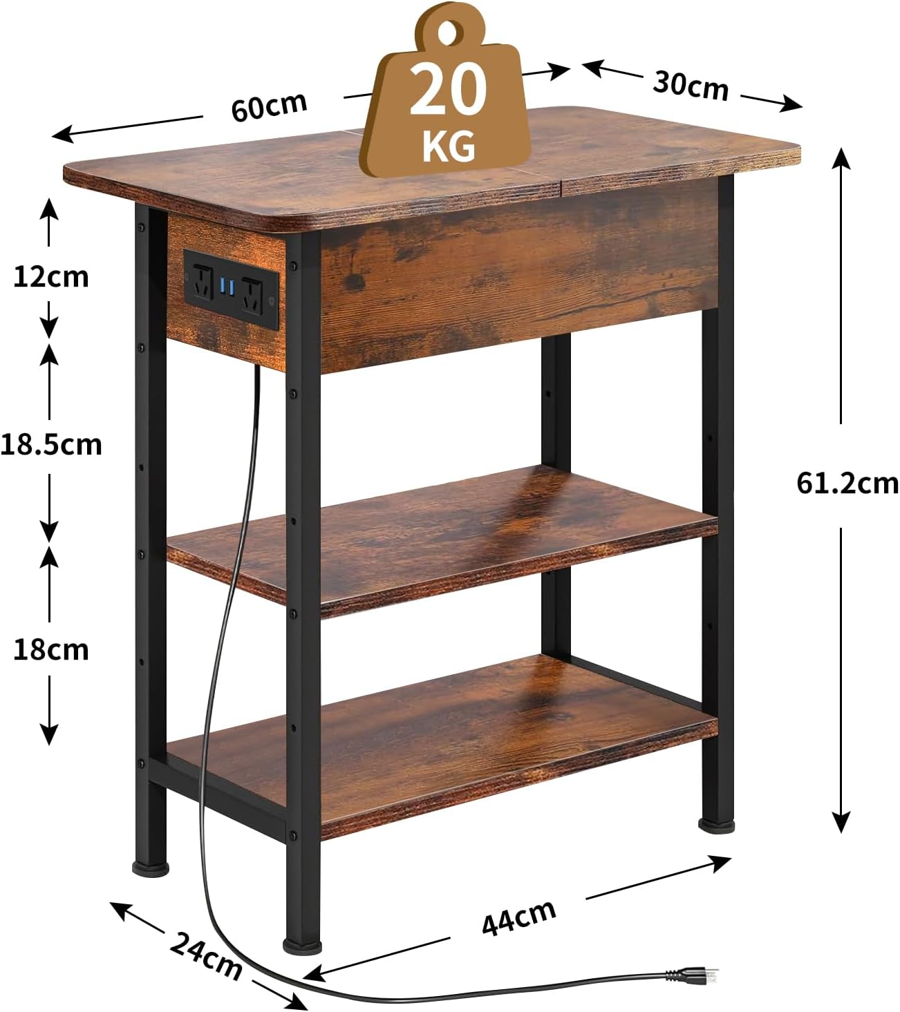 Kisfam Side Table with Charging Station, 2 AU Power Outlets and USB Ports | Flip Top End Table with Vertical Side Storage Shelves, Max 25KG Load Capacity, Side Tables for Living Room, 30×60×60cm, Brown