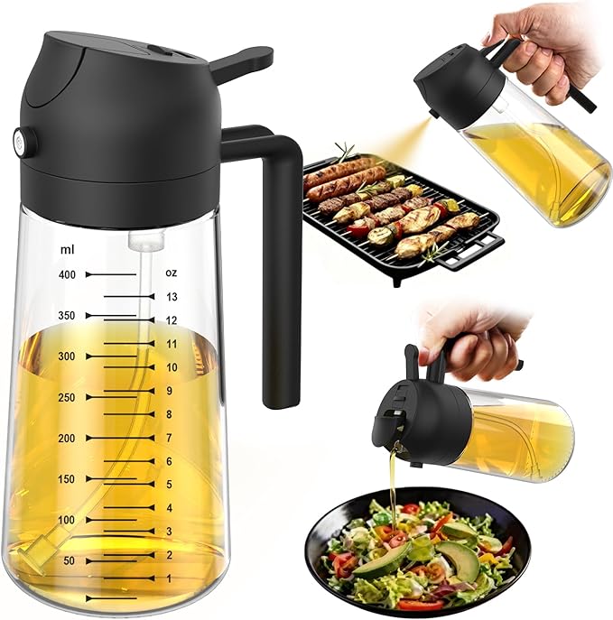 TrendPlain 16oz/470ml Glass Olive Oil Sprayer & Dispenser – 2-in-1 Oil Spray Bottle for Cooking, Air Fryer, Salad & BBQ (Black)