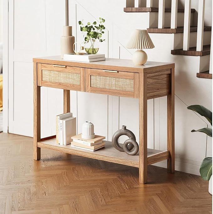 Oikiture Console Table Ratten Hallway Table Entryway Table with Drawers, Wooden