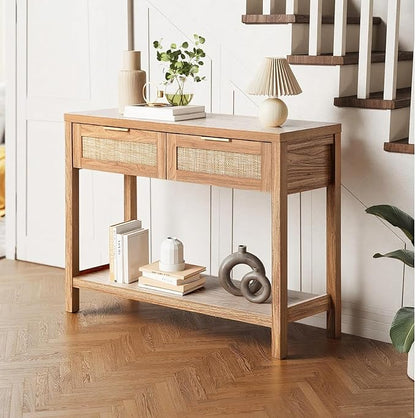 Oikiture Console Table Ratten Hallway Table Entryway Table with Drawers, Wooden