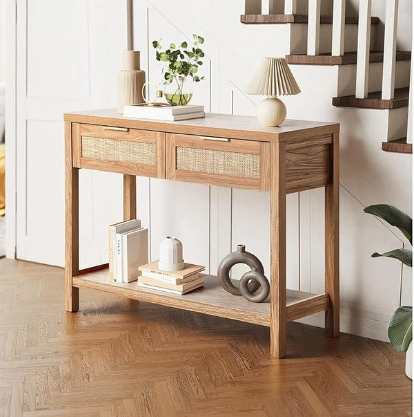 Oikiture Console Table Ratten Hallway Table Entryway Table with Drawers, Wooden