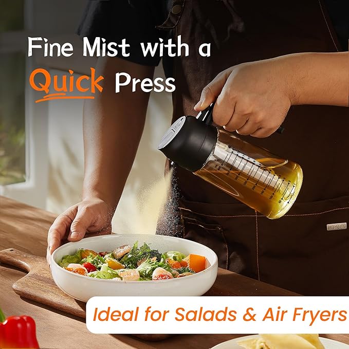 TrendPlain 16oz/470ml Glass Olive Oil Sprayer & Dispenser – 2-in-1 Oil Spray Bottle for Cooking, Air Fryer, Salad & BBQ (Black)