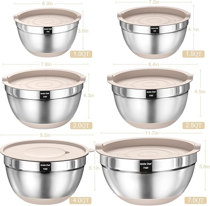 26PCS Stainless Steel Mixing Bowls Set with Airtight Lids & Grater Attachments – Non-Slip Khaki Nesting Bowls with Kitchen Gadgets, 1QT–7QT
