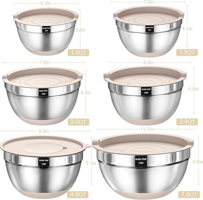 26PCS Stainless Steel Mixing Bowls Set with Airtight Lids & Grater Attachments – Non-Slip Khaki Nesting Bowls with Kitchen Gadgets, 1QT–7QT