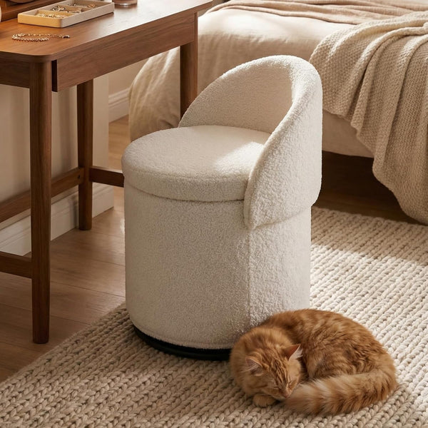 Ya-Home Boucle Vanity Chair with Storage - 360° Swivel & Foldable Back Ottoman - Modern Fluffy Sherpa Makeup Stool for Bedroom, Living Room - White