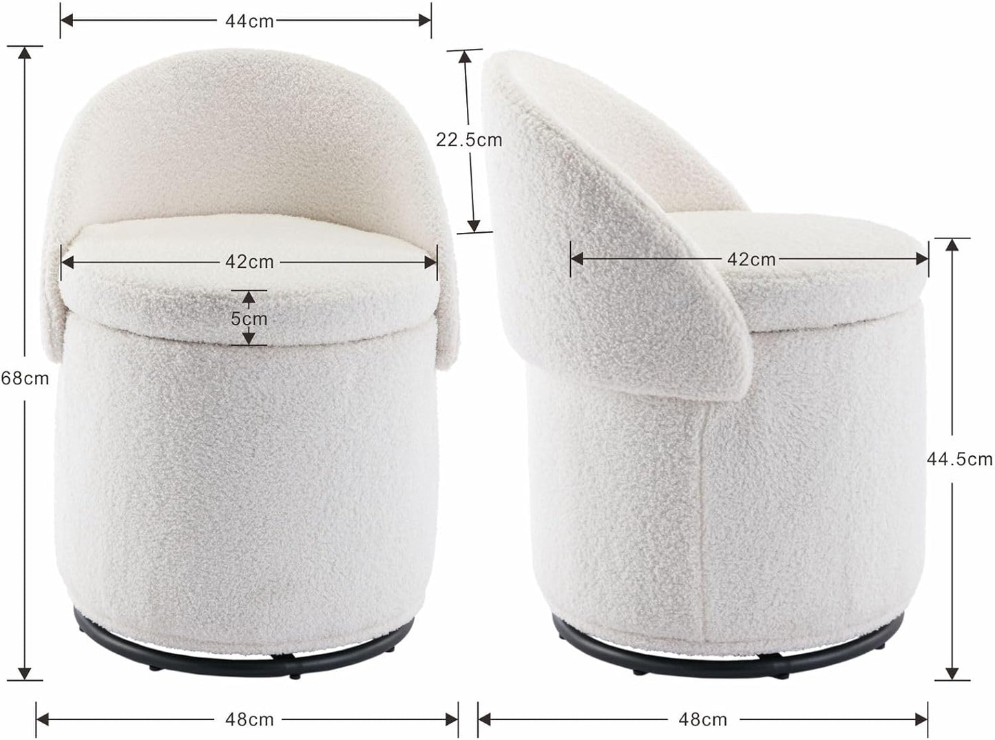 Ya-Home Boucle Vanity Chair with Storage - 360° Swivel & Foldable Back Ottoman - Modern Fluffy Sherpa Makeup Stool for Bedroom, Living Room - White