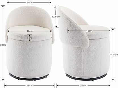 Ya-Home Boucle Vanity Chair with Storage - 360° Swivel & Foldable Back Ottoman - Modern Fluffy Sherpa Makeup Stool for Bedroom, Living Room - White