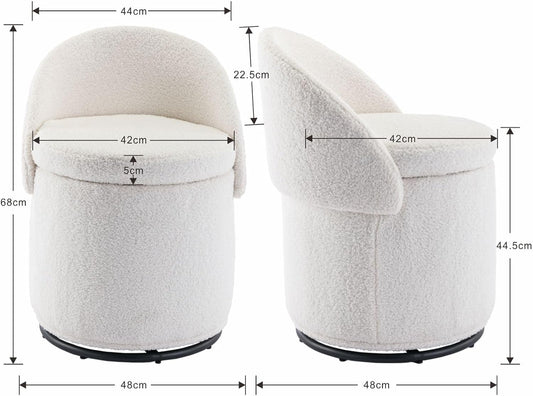 Ya-Home Boucle Vanity Chair with Storage - 360° Swivel & Foldable Back Ottoman - Modern Fluffy Sherpa Makeup Stool for Bedroom, Living Room - White