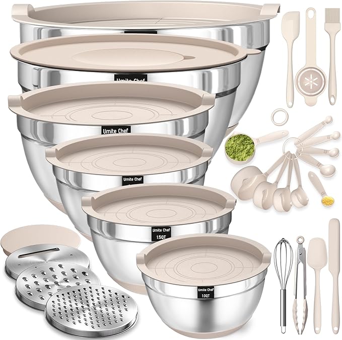 26PCS Stainless Steel Mixing Bowls Set with Airtight Lids & Grater Attachments – Non-Slip Khaki Nesting Bowls with Kitchen Gadgets, 1QT–7QT