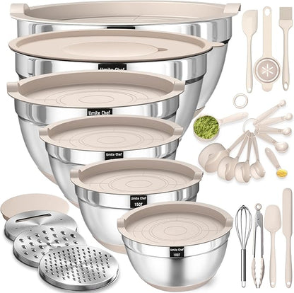 26PCS Stainless Steel Mixing Bowls Set with Airtight Lids & Grater Attachments – Non-Slip Khaki Nesting Bowls with Kitchen Gadgets, 1QT–7QT