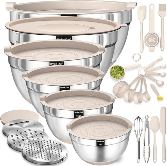 26PCS Stainless Steel Mixing Bowls Set with Airtight Lids & Grater Attachments – Non-Slip Khaki Nesting Bowls with Kitchen Gadgets, 1QT–7QT