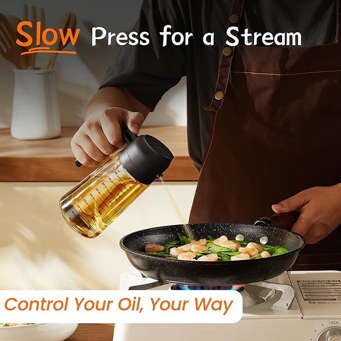 TrendPlain 16oz/470ml Glass Olive Oil Sprayer & Dispenser – 2-in-1 Oil Spray Bottle for Cooking, Air Fryer, Salad & BBQ (Black)