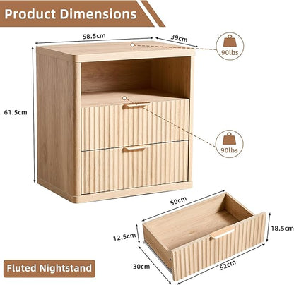 LELELINKY Modern Fluted Bedside Table with 2 Drawers & Open Shelve，Farmhouse Natural Bed Side Tables with Storage Chest of Drawers，Wood Nightstand Cabinet with Metal Handles for Bedroom, Living Room