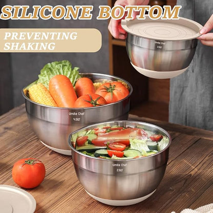 26PCS Stainless Steel Mixing Bowls Set with Airtight Lids & Grater Attachments – Non-Slip Khaki Nesting Bowls with Kitchen Gadgets, 1QT–7QT
