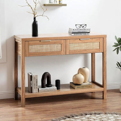 Oikiture Console Table Ratten Hallway Table Entryway Table with Drawers, Wooden