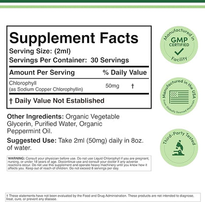 Chlorophyll Liquid Drops 2oz – Peppermint Flavor Vegan Gut Health & Wellness Support