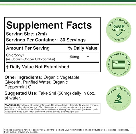 Chlorophyll Liquid Drops 2oz – Peppermint Flavor Vegan Gut Health & Wellness Support