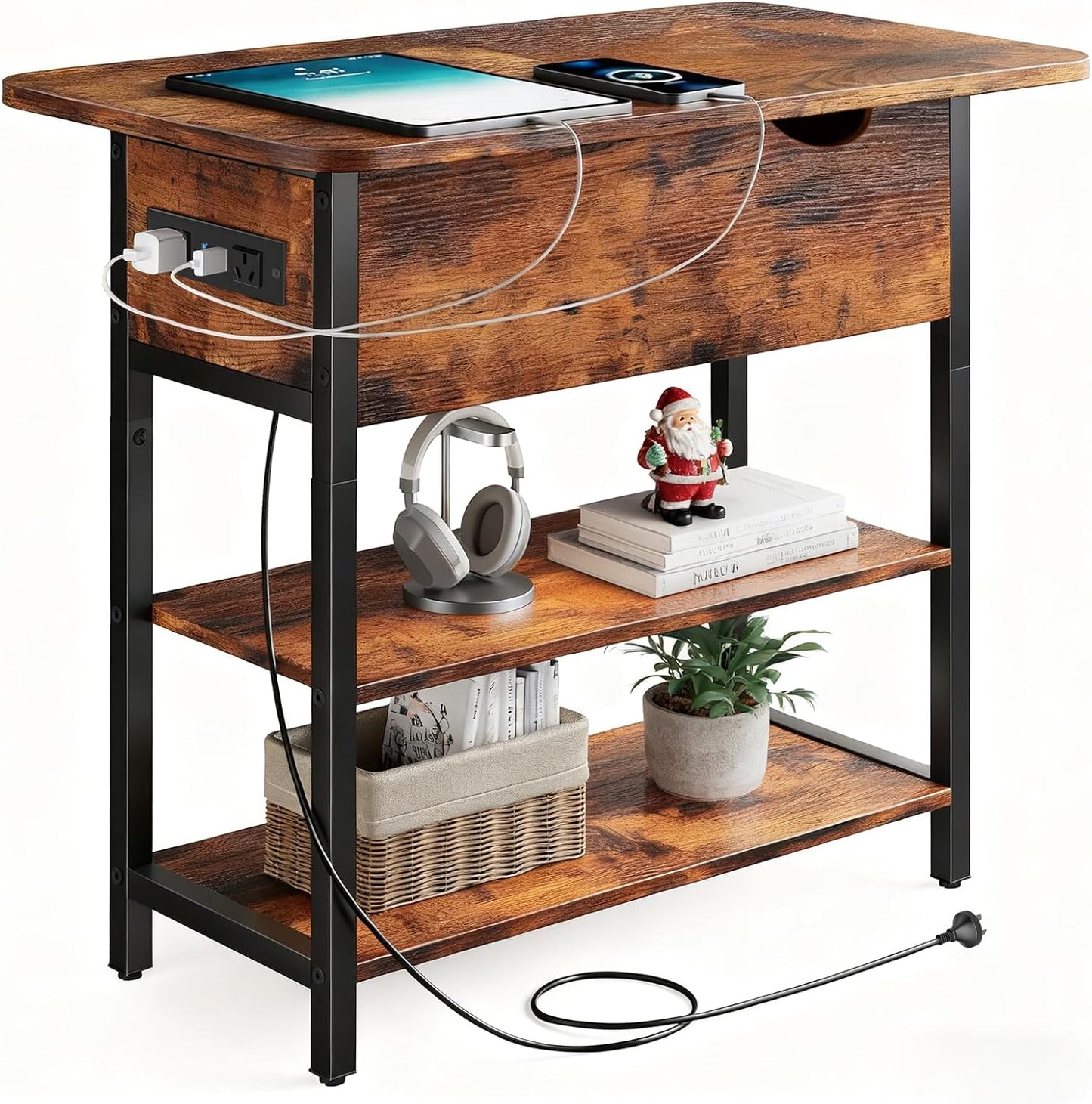 Kisfam Side Table with Charging Station, 2 AU Power Outlets and USB Ports | Flip Top End Table with Vertical Side Storage Shelves, Max 25KG Load Capacity, Side Tables for Living Room, 30×60×60cm, Brown