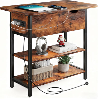 Kisfam Side Table with Charging Station, 2 AU Power Outlets and USB Ports | Flip Top End Table with Vertical Side Storage Shelves, Max 25KG Load Capacity, Side Tables for Living Room, 30×60×60cm, Brown