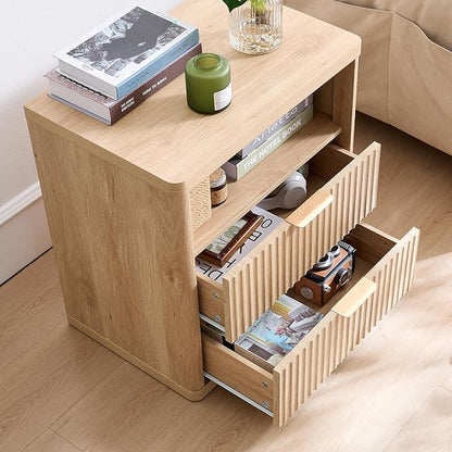 LELELINKY Modern Fluted Bedside Table with 2 Drawers & Open Shelve，Farmhouse Natural Bed Side Tables with Storage Chest of Drawers，Wood Nightstand Cabinet with Metal Handles for Bedroom, Living Room