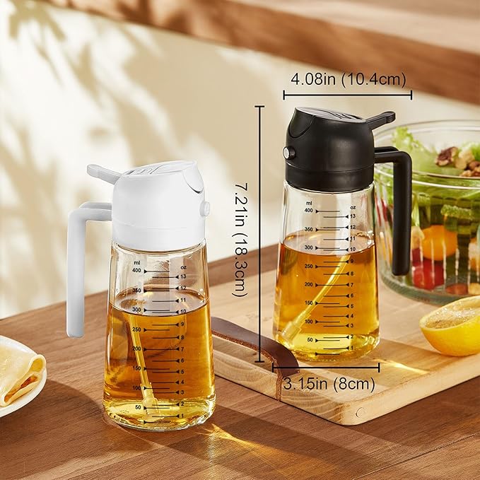 TrendPlain 16oz/470ml Glass Olive Oil Sprayer & Dispenser – 2-in-1 Oil Spray Bottle for Cooking, Air Fryer, Salad & BBQ (Black)