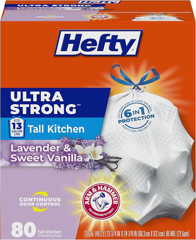Hefty Ultra Strong 13 Gallon Trash Bags – Lavender Vanilla Odor Control Drawstring Kitchen Bags