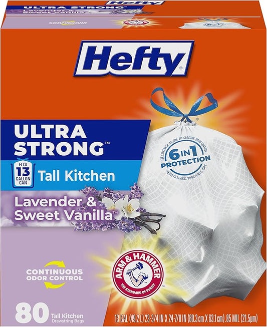 Hefty Ultra Strong 13 Gallon Trash Bags – Lavender Vanilla Odor Control Drawstring Kitchen Bags