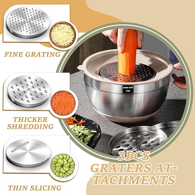 26PCS Stainless Steel Mixing Bowls Set with Airtight Lids & Grater Attachments – Non-Slip Khaki Nesting Bowls with Kitchen Gadgets, 1QT–7QT