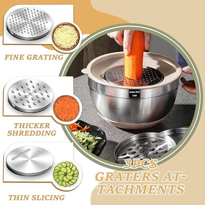 26PCS Stainless Steel Mixing Bowls Set with Airtight Lids & Grater Attachments – Non-Slip Khaki Nesting Bowls with Kitchen Gadgets, 1QT–7QT