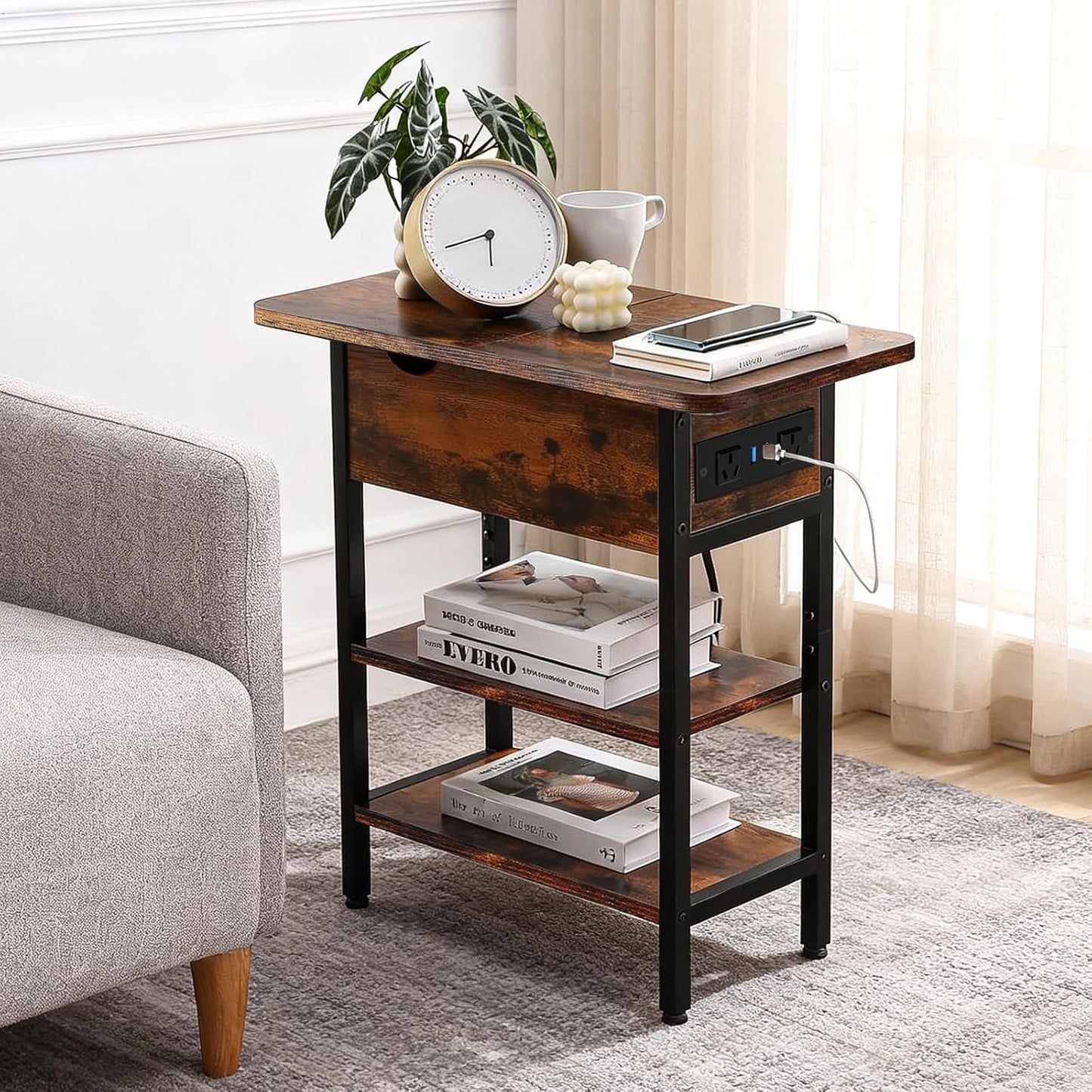 Kisfam Side Table with Charging Station, 2 AU Power Outlets and USB Ports | Flip Top End Table with Vertical Side Storage Shelves, Max 25KG Load Capacity, Side Tables for Living Room, 30×60×60cm, Brown