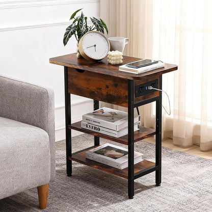 Kisfam Side Table with Charging Station, 2 AU Power Outlets and USB Ports | Flip Top End Table with Vertical Side Storage Shelves, Max 25KG Load Capacity, Side Tables for Living Room, 30×60×60cm, Brown