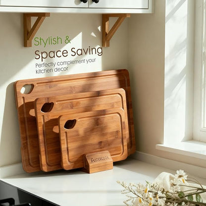 Astercook Bamboo Cutting Boards Set with Stand | Reversible Kitchen Chopping Boards