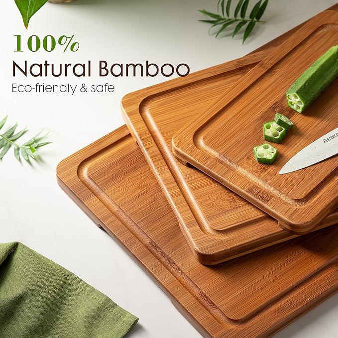 Astercook Bamboo Cutting Boards Set with Stand | Reversible Kitchen Chopping Boards