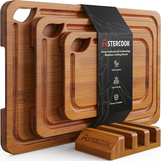 Astercook Bamboo Cutting Boards Set with Stand | Reversible Kitchen Chopping Boards