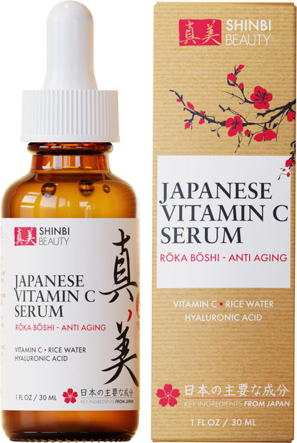 Shinbi Beauty Japanese Vitamin C Serum With Rice Water + Hyaluronic Acid - Japan Skincare Products for Anti Aging Anti Wrinkle J Beauty Glow 1oz
